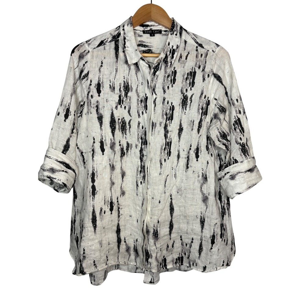 Boho Chic Linen Abstract Print Button Down Shirt … - image 2